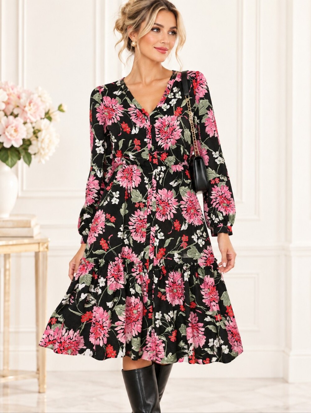 Draper James Floral Midi Dress | Black & Pink Tiered Long Sleeve | Size Medium